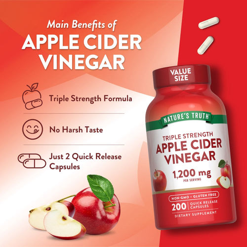 Two white Quick Release Capsules for Triple Strength Apple Cider Vinegar, 1,200 mg per serving shown on a scale.