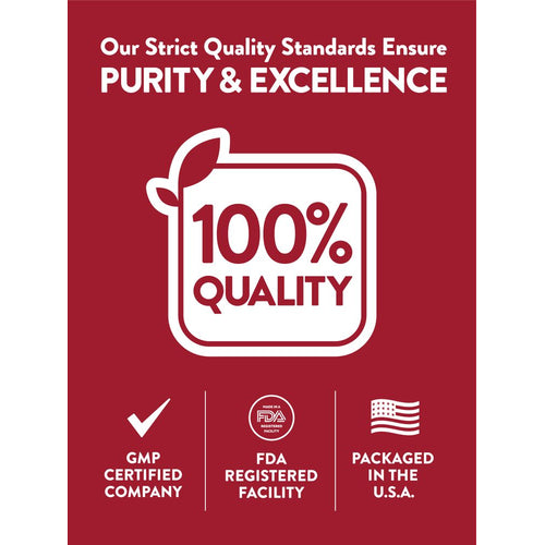 Infographic: Purity and Excellence, 100% Quality, GMP Certified Company, FDA Registered Facility, Packaged in the USA.