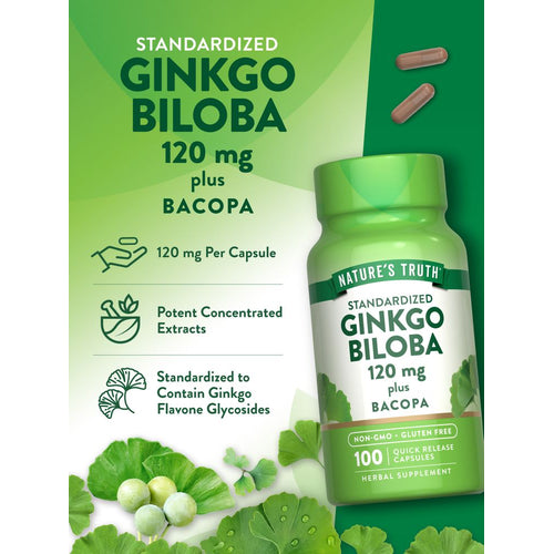 View 5 Hand holding two brown capsules of Ginkgo Biloba 120 mg plus Bacopa, dietary supplements for cognitive support and memory enhancement.