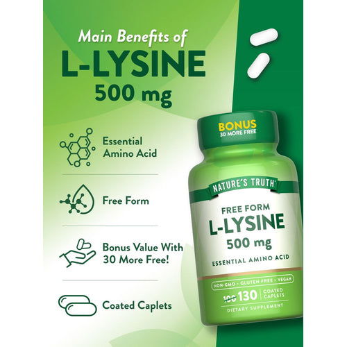 View 5 500 mg L-Lysine coated caplets displayed on a hand scale, emphasizing the product's size and user-friendly packaging.