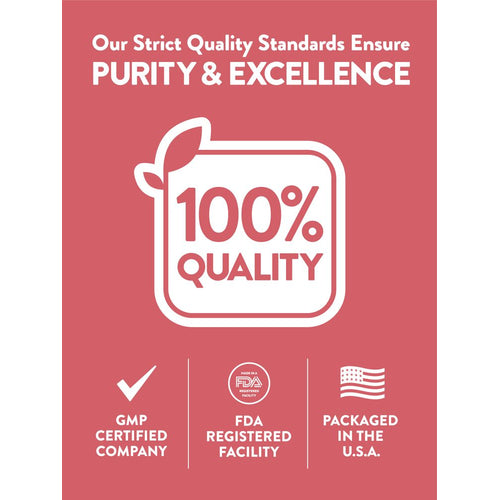 Infographic: Purity & Excellence standards, 100% Quality, GMP Certified Company, FDA Registered Facility, Packaged in the U.S.A.