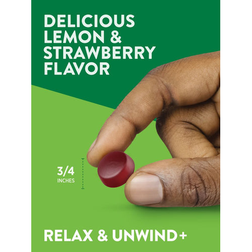 A hand holds a 3/4 inch red gummy. Text: Delicious lemon and strawberry flavor, relax and unwind.