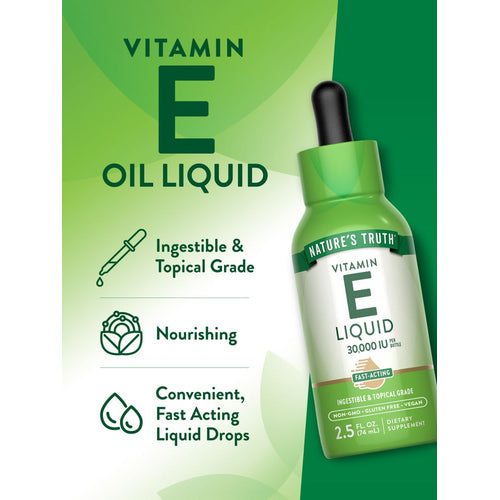 A 2.5 FL. OZ. (74 mL) bottle of Vitamin E oil suitable for skin use, highlighting its liquid form for easy application.