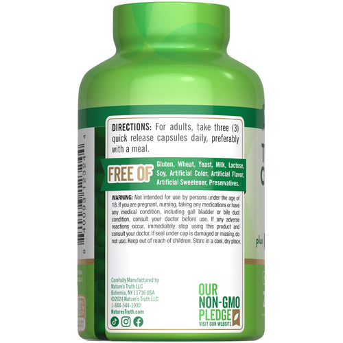 Turmeric bottle with icons indicating gluten, wheat, yeast, milk, lactose, soy free, no artificial additives, and non-GMO.