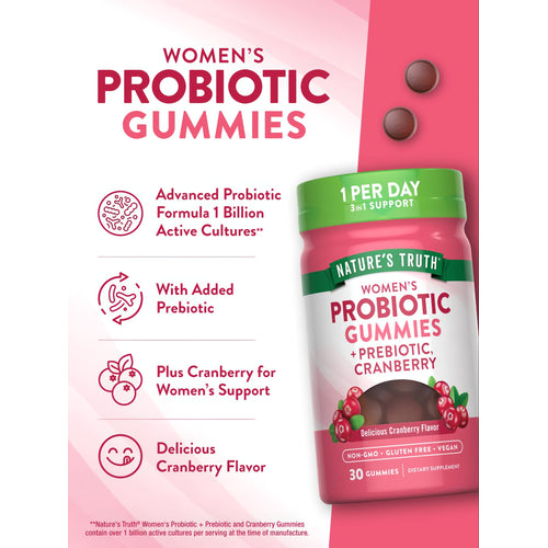 Two dark red gummies next to a bottle labeled NT Women's Probiotic, containing 30 gummies.