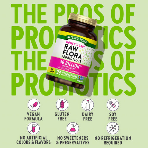 Probiotic bottle with icons indicating Vegan Formula, Gluten Free, Dairy Free, Soy Free, No Artificial Colors, Flavors, or Sweeteners.