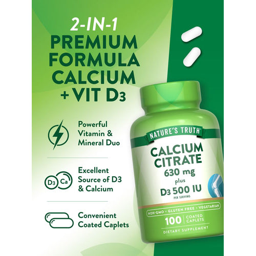 Two white caplets for Calcium Citrate 630 mg with D3 500 IU on a hand scale.
