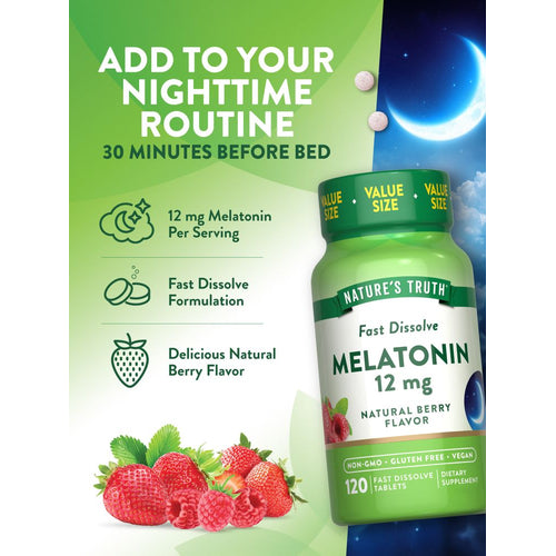 Two light-colored 12 mg Melatonin Fast Dissolve Tablets on a hand scale.