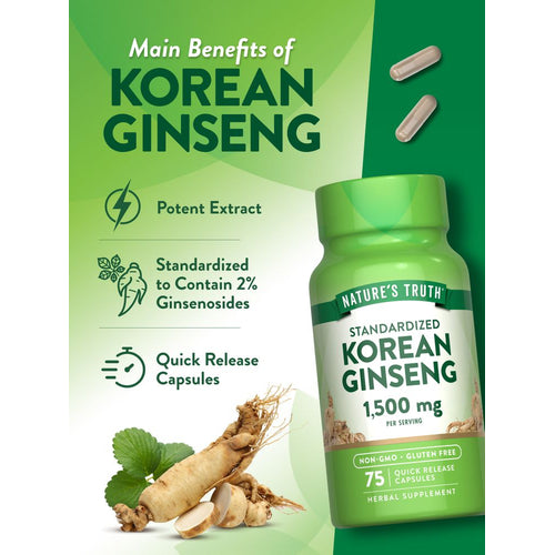 Graphic stating Potent Extract, Standardized to Contain 2% Ginsenosides, Quick Release Capsules, shown on a hand-scale.
