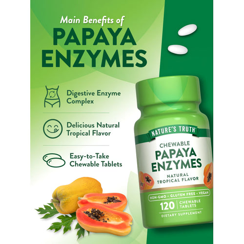 Two white oval chewable tablets of Papaya Enzyme.