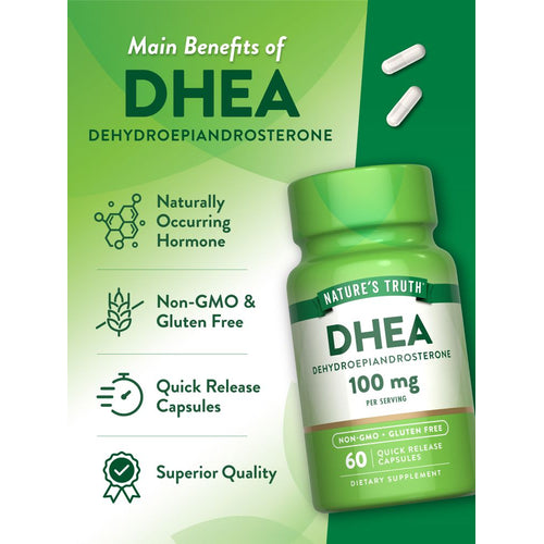 Two white capsules labeled as 100 mg DHEA for quick release are placed on a hand scale.