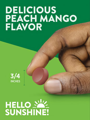 A hand holds a gummy in delicious Peach Mango Flavor, with a marker showing it measures 3/4 inches.