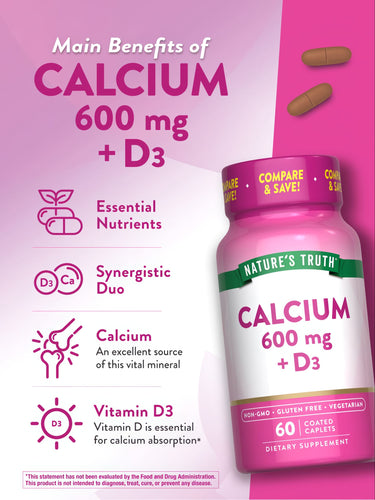Two brown-coated caplets contain 600 mg of Calcium and Vitamin D3 each.
