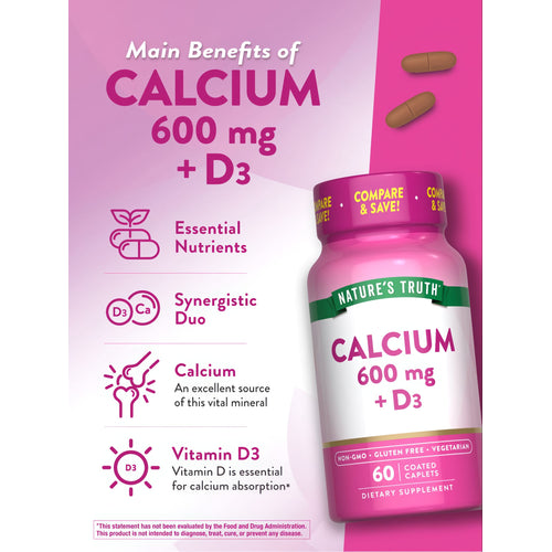 Two brown-coated caplets contain 600 mg of Calcium and Vitamin D3 each.