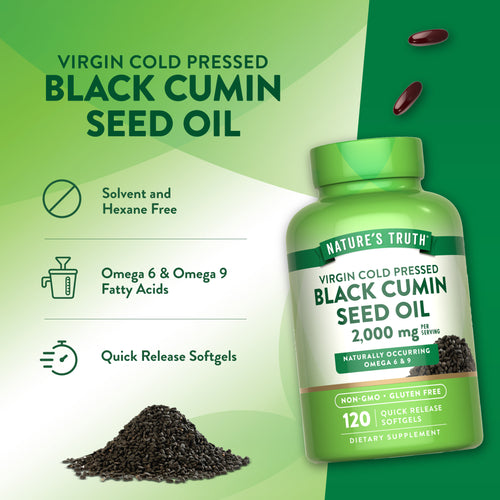 Nature's Truth Virgin Cold Pressed Black Cumin Seed Oil, 2,000 mg, 120 Quick Release Softgels, Non-GMO, Gluten Free.