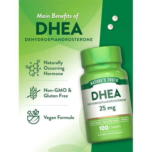 Two white round tablets labeled DHEA 25 mg on a bulk scale.
