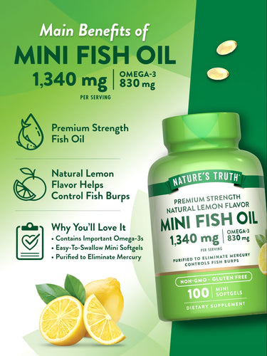 Hand holding two mini fish oil softgels, totaling 1,340 mg with 830 mg Omega-3 per serving.