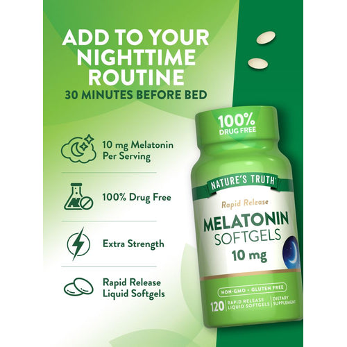 Two Melatonin 10 mg Rapid Release Liquid Softgels on a scale for bulk measurement.