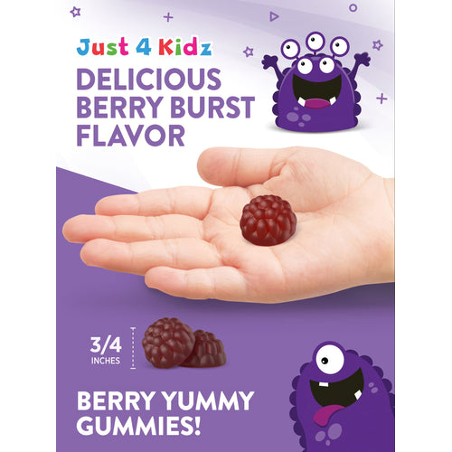 Just 4 Kidz berry-shaped gummies, 3/4 inches each. One gummy in a hand, two shown. Text: Delicious Berry Burst Flavor, Berry Yummy Gummies!