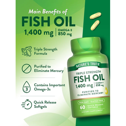 Two yellow 1,400 mg Fish Oil softgels, each containing 850 mg of Omega-3.