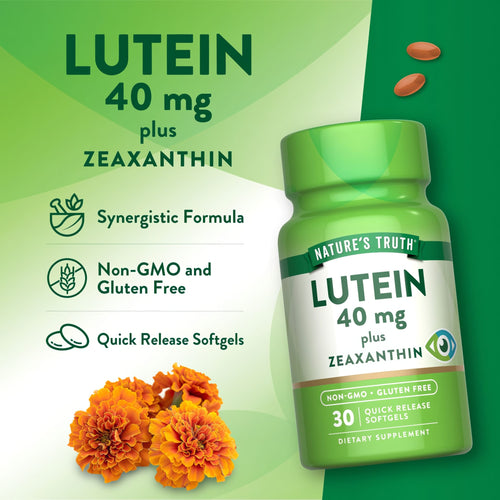 Orange softgels in hand, labeled Quick Release, provide 40 mg of Lutein with added Zeaxanthin for eye health.