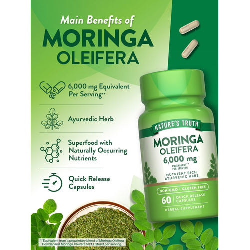 Two beige capsules represent Moringa Oleifera, equating to 6,000 mg, displayed on a bulk scale.