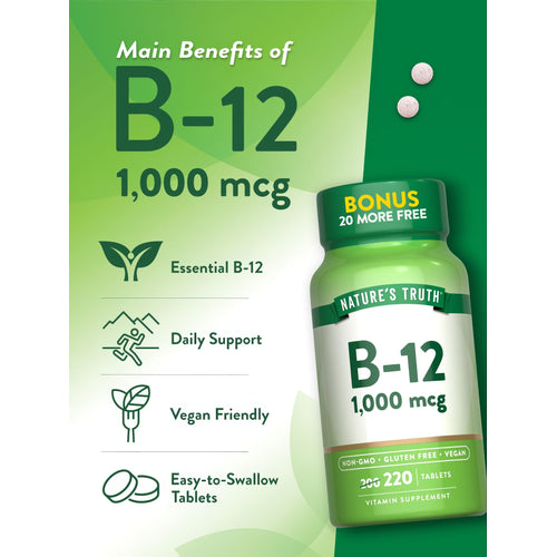 Two pink B-12 1000 mcg tablets next to a Nature's Truth bottle containing 220 tablets.