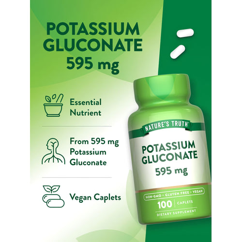 Two white 595 mg vegan caplets of Potassium Gluconate are displayed.