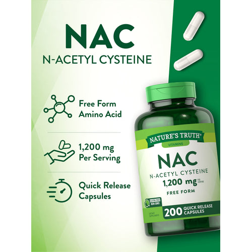 NAC N-Acetyl Cysteine 1,200 mg, 200 Quick Release Capsules. Gluten Free, Non-GMO, in a product image.