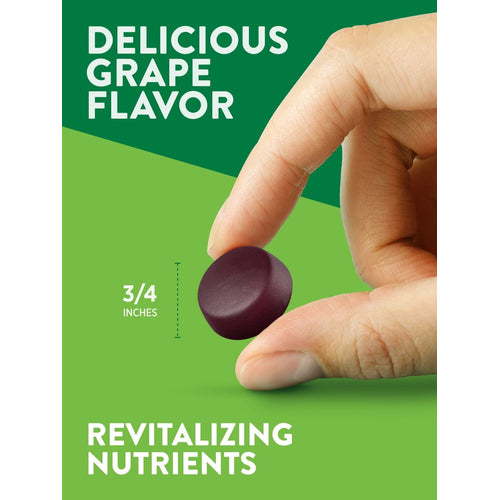 A 3/4 inch purple gummy with grape flavor, offering revitalizing nutrients and delicious taste.