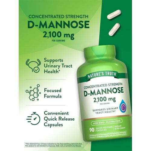 Two white capsules of D-Mannose 2,100 mg Quick Release.
