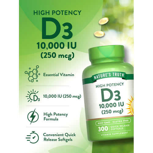 Product highlights graphic stating Essential Vitamin, 10,000 IU (250 mcg), High Potency Formula, Quick Release Softgels