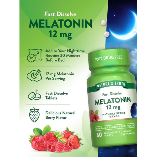Two tablets of Fast Dissolve Melatonin 12 mg are displayed prominently.