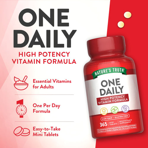Two yellow mini tablets labeled One Daily High Potency Vitamin Formula are shown on a bulk scale.