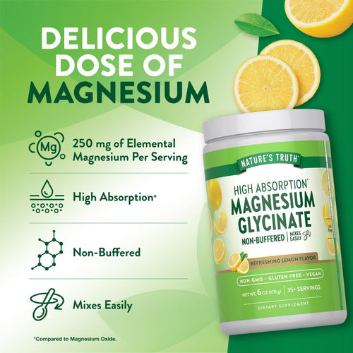 Product highlights graphic stating 250 mg of Elemental Magnesium per serving, high absorption, non-buffered, mixes easily.