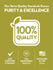 Infographic stating PURITY & EXCELLENCE, 100% QUALITY, GMP CERTIFIED COMPANY, FDA REGISTERED FACILITY, PACKAGED IN THE U.S.A.