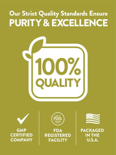 Infographic stating PURITY & EXCELLENCE, 100% QUALITY, GMP CERTIFIED COMPANY, FDA REGISTERED FACILITY, PACKAGED IN THE U.S.A.