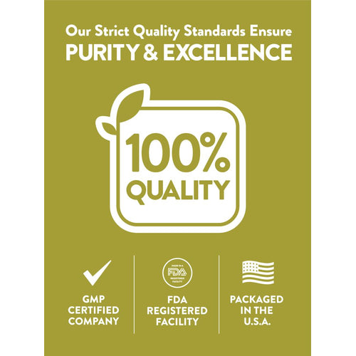 Infographic stating PURITY & EXCELLENCE, 100% QUALITY, GMP CERTIFIED COMPANY, FDA REGISTERED FACILITY, PACKAGED IN THE U.S.A.