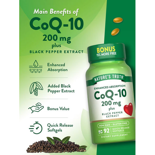 Quick Release CoQ-10 200 mg Softgels beside black peppercorns on a scale.