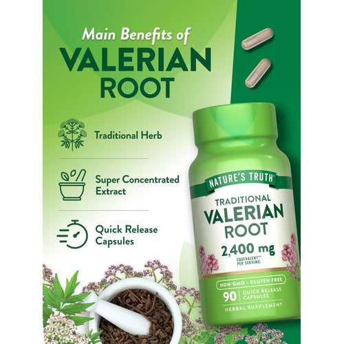 Two Valerian Root 1200 mg capsules are placed on a hand scale, showcasing the supplement's size and appearance clearly.