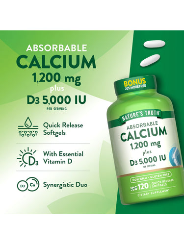 Two white Quick Release Softgels containing Calcium 1,200 mg plus D3 5,000 IU on a hand scale.