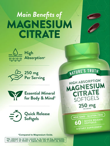 Two dark red Magnesium Citrate 250 mg softgels shown on a hand to illustrate size and scale of the supplement capsules.