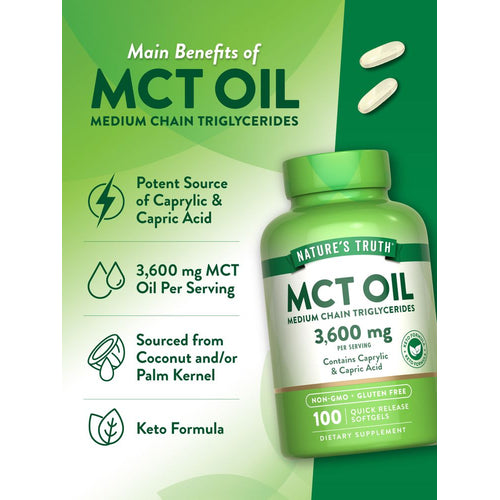 A hand holds two light-colored oval MCT Oil 3,600 mg softgels.