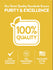 Infographic with text stating purity and excellence, 100% quality, GMP certified company, FDA registered facility, packaged in the USA.