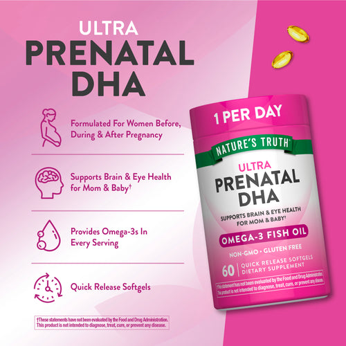Product highlights graphic stating benefits for women pre/during/post-pregnancy, brain & eye health for mom & baby, omega-3s, quick release softgels.