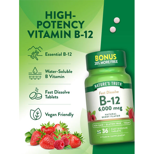 Two light pink, round, fast dissolve tablets of B-12, 6,000 mcg, on a scale.