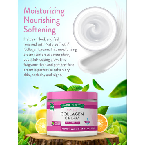 Hand holding Nature's Truth Professional Collagen Cream, 4 oz. (113 g), a skin care cream.