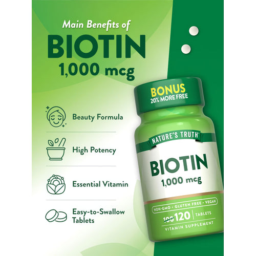 Two round white Biotin 1,000 mcg tablets on a hand scale.