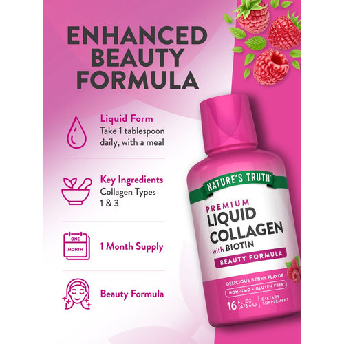 Liquid Collagen with Biotin, 16 fl oz (473 mL), shown against a hand for size reference.