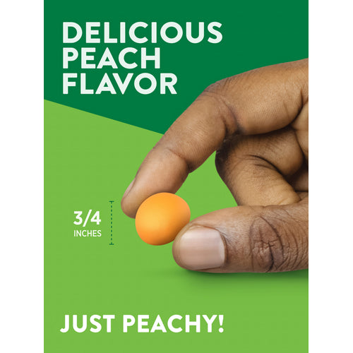 A hand holds a 3/4 inch orange gummy with 'DELICIOUS PEACH FLAVOR' and 'JUST PEACHY!' text.
